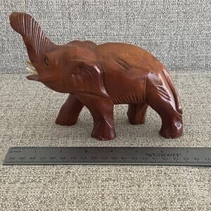 VTG Hand Carved Wooden Elephant Trunk up for Luck w/ Tusks - Read
